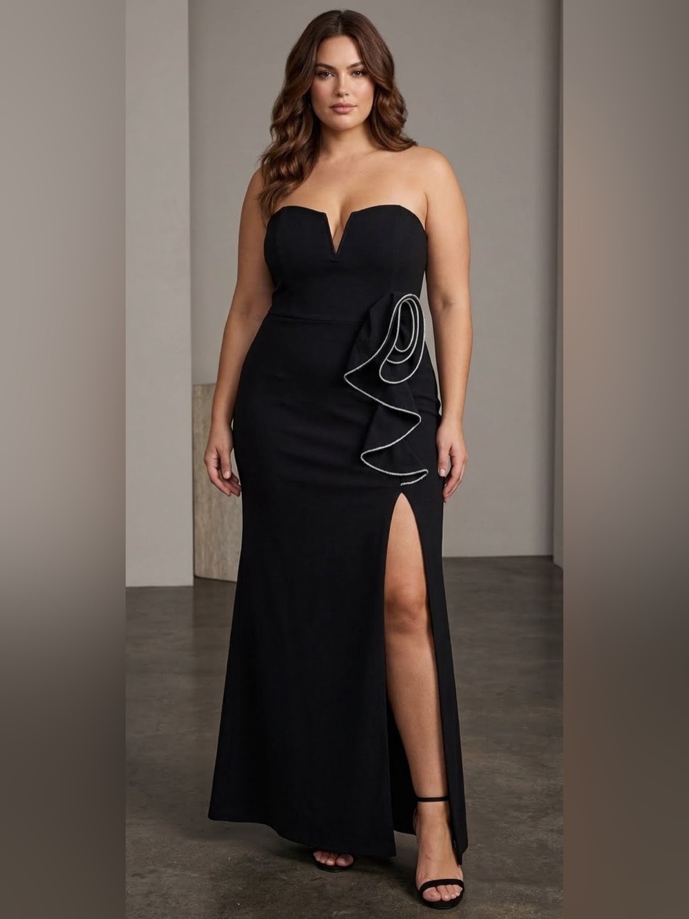 Speechless Black Strapless Sweetheart Gown with Side Ruffle and Slit